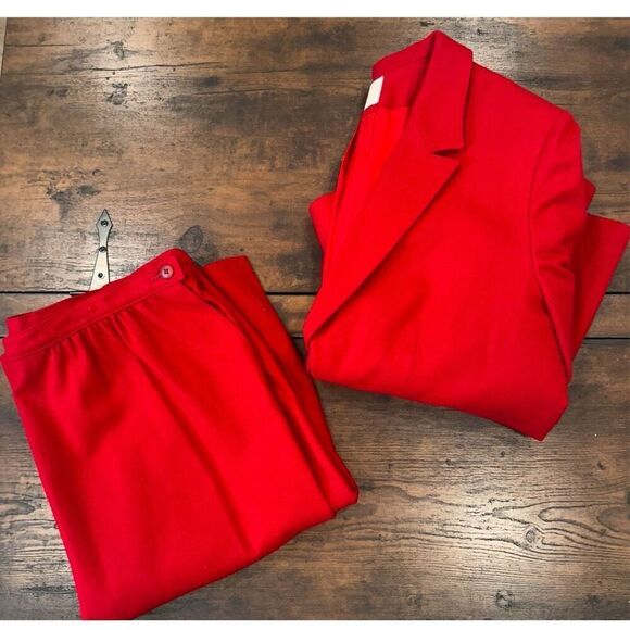 Vintage Pendleton Womens Apple Red Wool Double Breasted Blazer Skirt Set Size XL - Picture 2 of 16